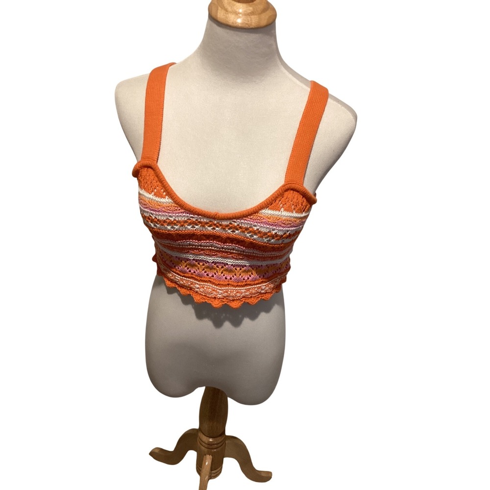 H&M Divided Orange Pink Crochet Knit Crop Top‎ Boho Striped Tank Small